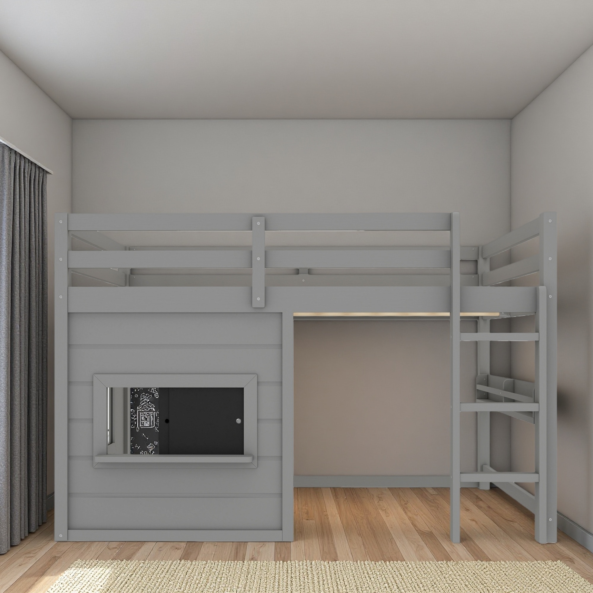 Full Size Pine Wood Loft Bed with Sliding Chalkboard, Built-in Bookshelf & Safety Guardrails, Space-Saving Kids House Bed