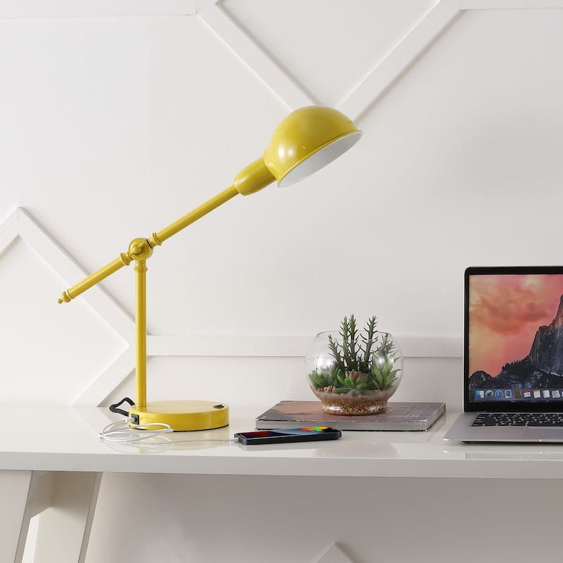 Allegra 20.25" Vintage Industrial Iron Adjustable Dome Shade LED Task Lamp with USB Charging Port, by JONATHAN Y