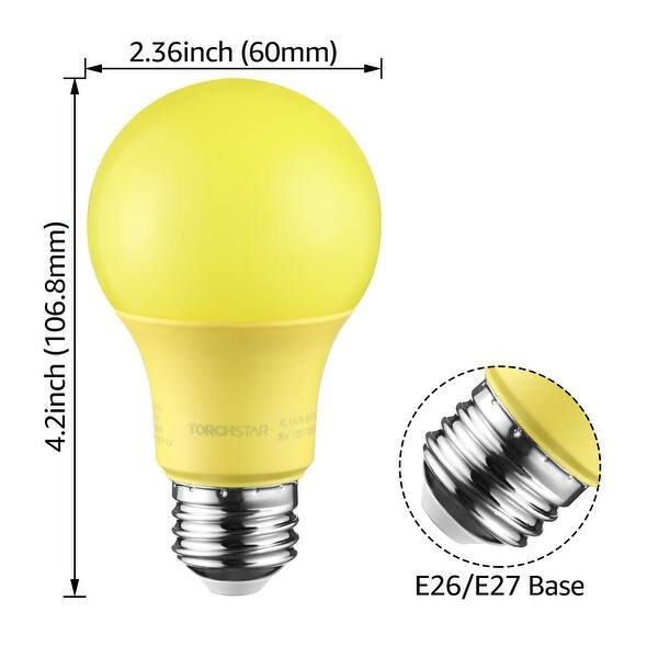 LED A19 Yellow Bulbs, 8W, E26 Base, BugFree Lights for Outdoor Spaces