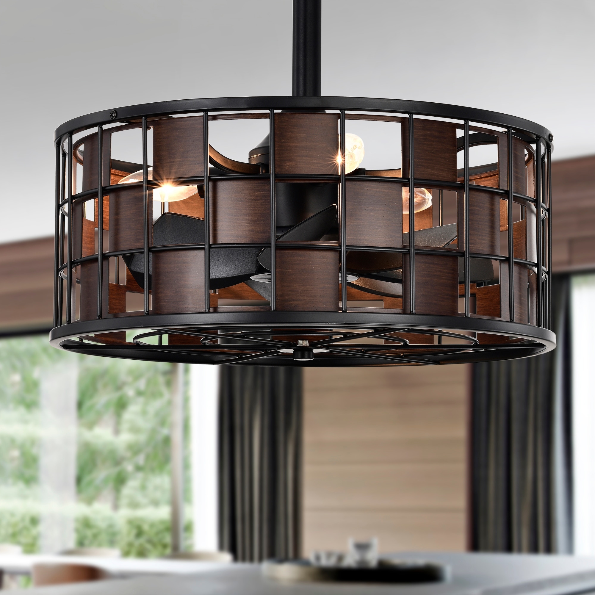 Warehouse of Tiffany Frenda 18-Inch Matte Black and Wood Grain Finish Lighted Fandelier Checkerboard Drum Shade with REMOTE