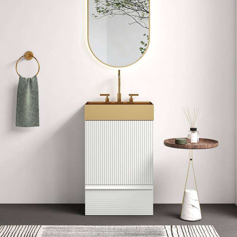 GDFStudio - Gada Stylish 20" Striped Bathroom Vanity with Integrated Stainless Steel Sink and Efficient Storage - Matte White