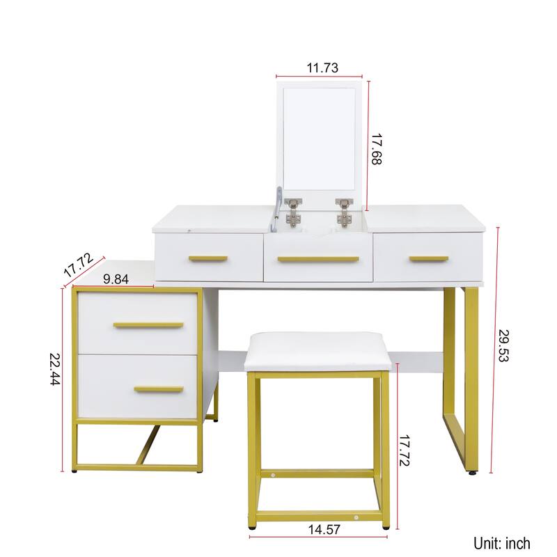 Roomfitters White and Yellow Makeup Vanity Set with Mirror, 4-Drawer Dressing Table with Stool and Nightstand for Bedroom