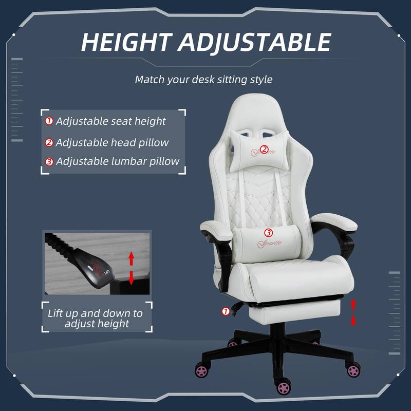 Vinsetto High Back Racing Gaming Chair with Swivel Wheel, PU Leather Recliner Gamer Desk Home Office Chair, White/Pink