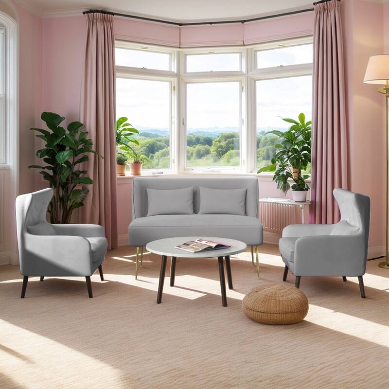 Upholstered Tuft Velvet Metal Thick Cushion Two Accent Chairs Loveseat - Grey Velvet