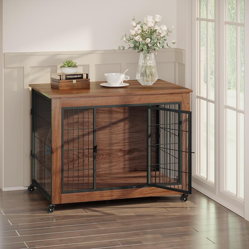 38.6" Dog Crate Furniture with Wheels for Small Dogs, Heavy Duty Dog Kennel Indoor with 2 Doors, Wooden Pet Cage End Table
