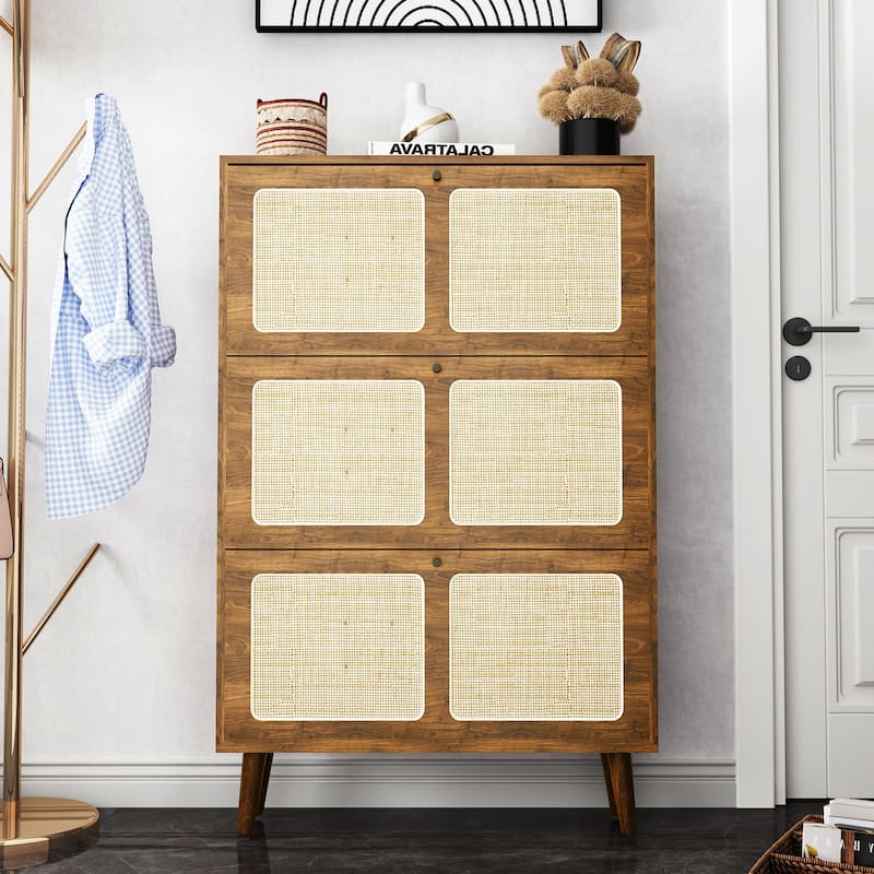 24 Pairs Wooden Rattan 3-Tier Flip-Up Shoe Storage Cabinet - Brown