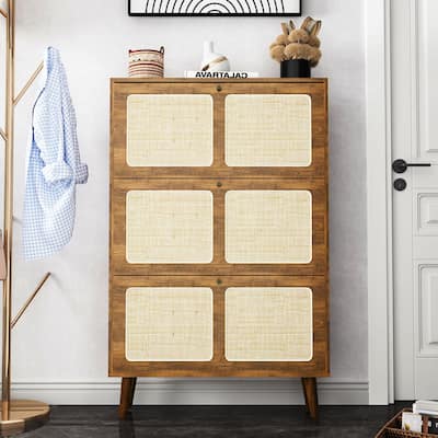 24 Pairs Wooden Rattan 3-Tier Flip-Up Shoe Storage Cabinet