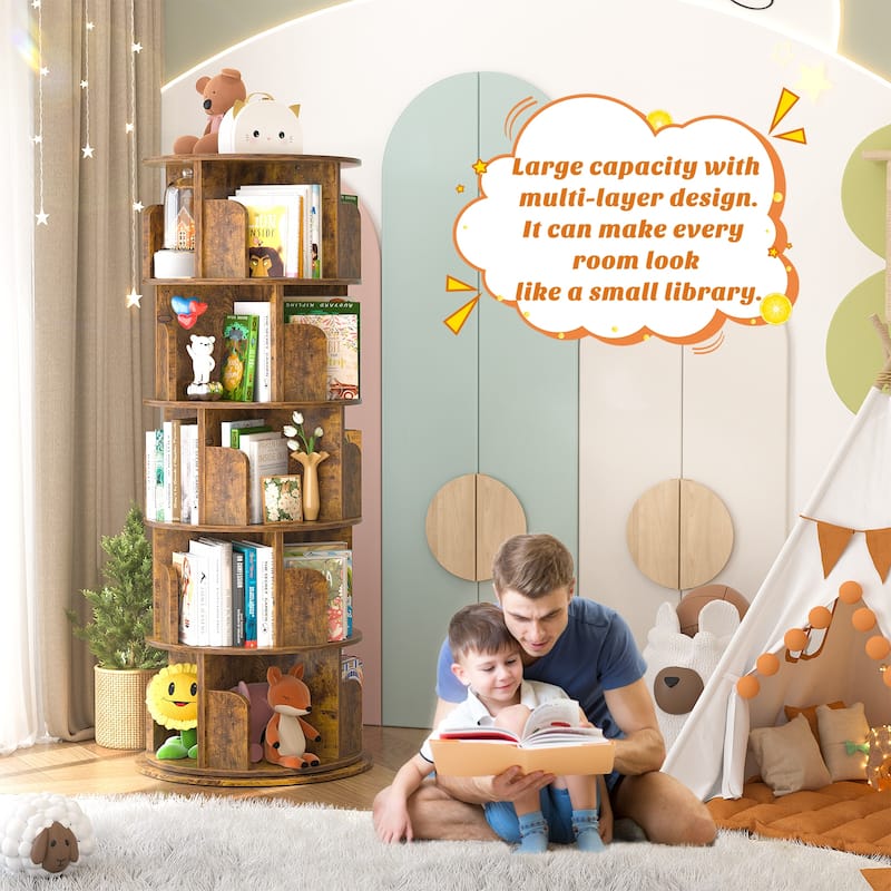 4/5/6 Tiers Round Rotating Bookcase, Revolving Floor Standing Bookshelf Corner Organizer Display
