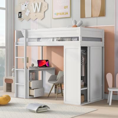 Wooden Twin Loft Bed with Built-in Desk, Wardrobe, and Storage