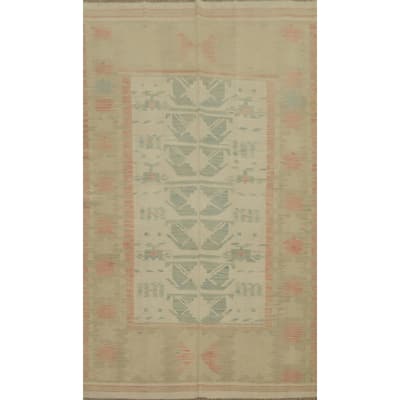 Hand Woven Oriental 100% Wool Carpet Southwestern Tribal Beige & Ivories Kilim Area Rug - 8' 2'' X 4' 10''