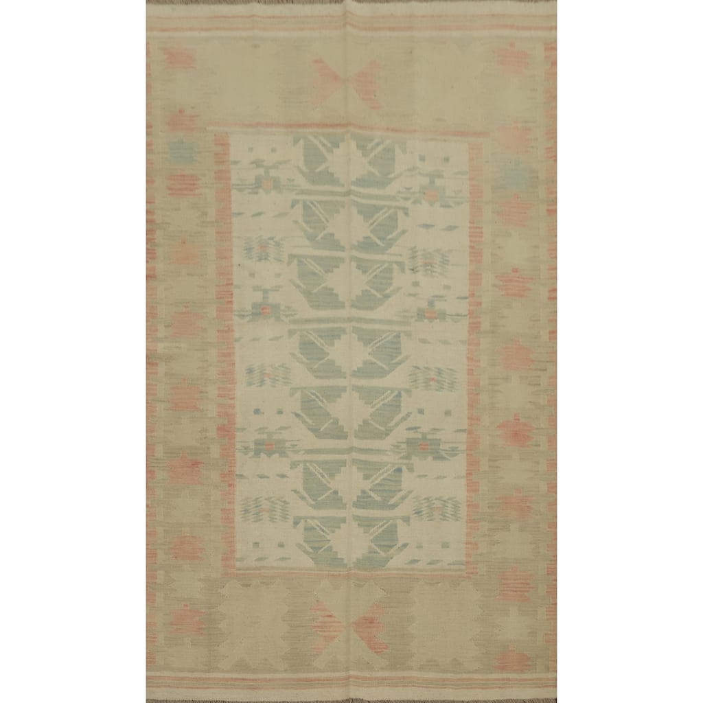 Hand Woven Oriental 100% Wool Carpet Southwestern Tribal Beige & Ivories Kilim Area Rug - 8' 2'' X 4' 10''
