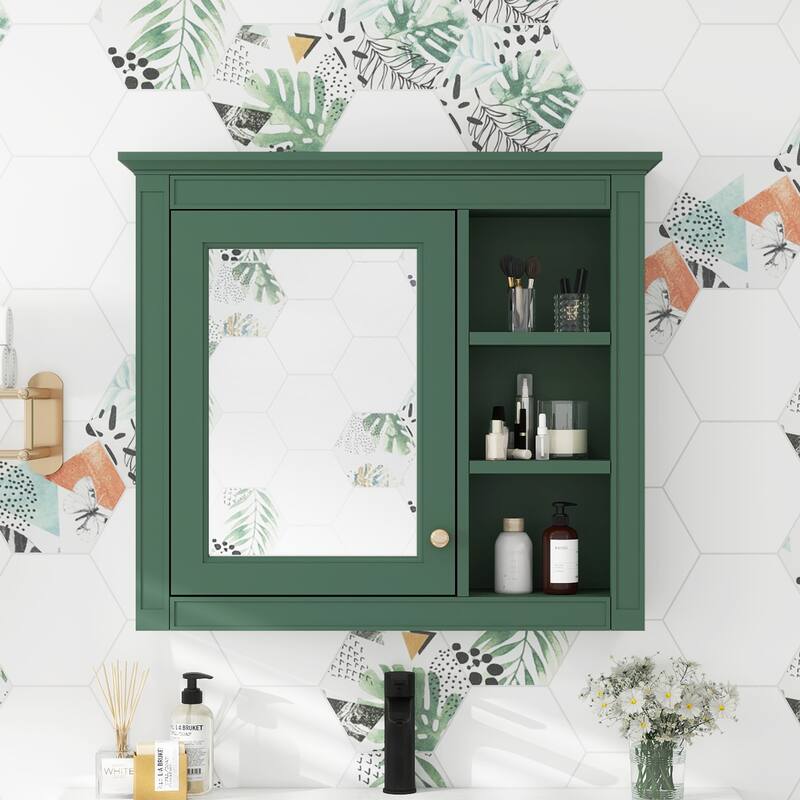 30'' x 28'' Wall Mounted Bathroom Storage Cabinet, Modern Bathroom Wall Cabinet with Mirror,Mirror Cabinet with 3 Open Shelves - Green