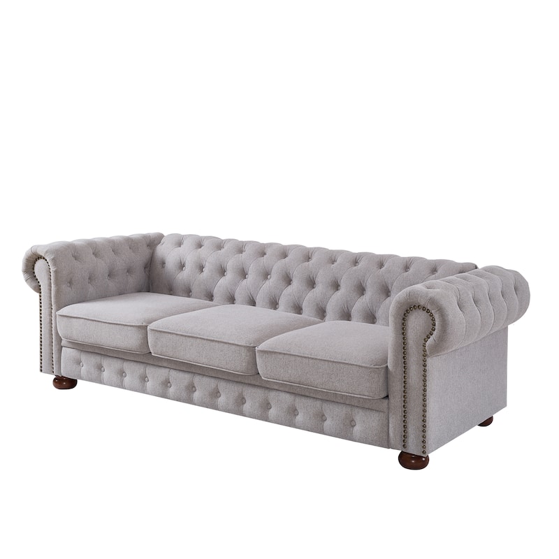 Light Grey Linen Fabric Chesterfield Sofa, 88x37x28 inches