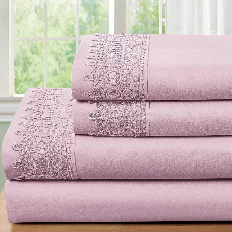 Embroidered Lace Design 4-Piece Sheet Set
