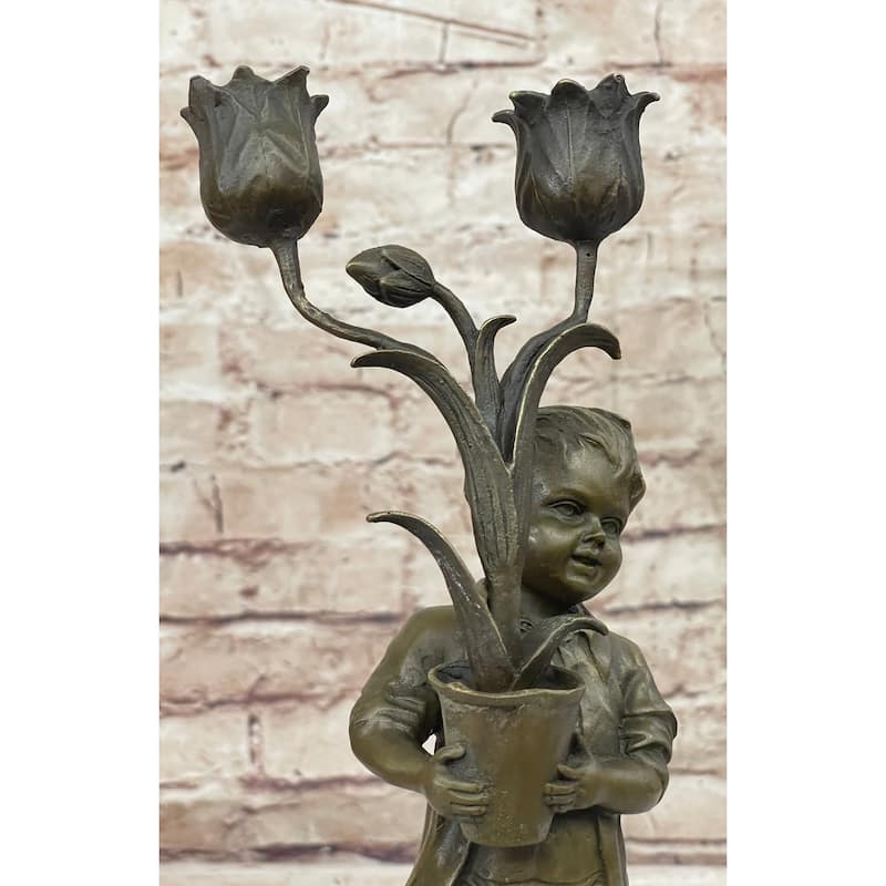Original Aldo Vitaleh Boy Holding A Tulip Vase Bronze Candle Holder Sculpture