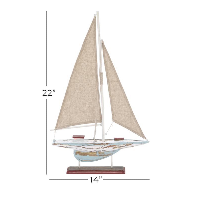 Blue Wood Distressed Sail Boat Decorative Sculpture with Cream Linen Sails and Brown Accents