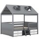 preview thumbnail 6 of 10, Gray Full Size Wooden House Bed with Fence and Roof for Kids