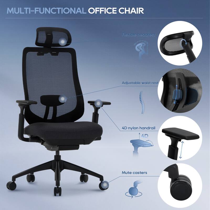 Ergonomic Office Chair, Mesh High Back, 4D Arms, Lumbar Support, Tilt Lock, Black