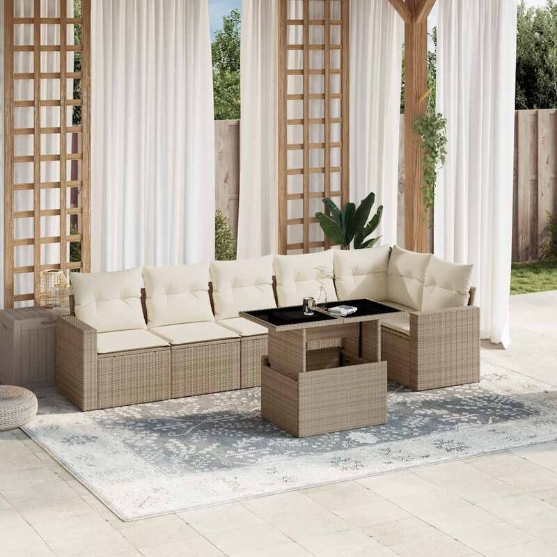 vidaXL Patio Sofa Set with Cushions Outdoor Furniture 7 Piece Poly Rattan - 21.7 x 39.4 x 28.7 - Beige and Cream