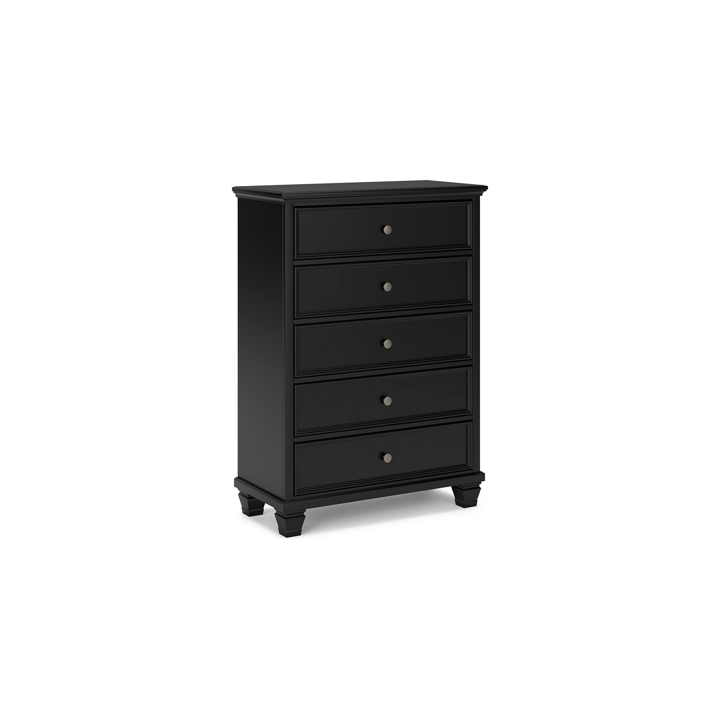 Lemo Tall Dresser Chest, 5 Drawer, Nickel Round Knob, Black Solid Wood