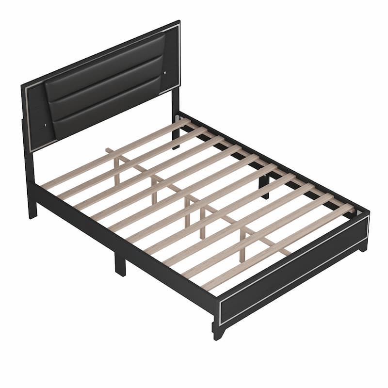 PU Upholstered Bed with LED Light Strips and Sparkling Shiny Headboard