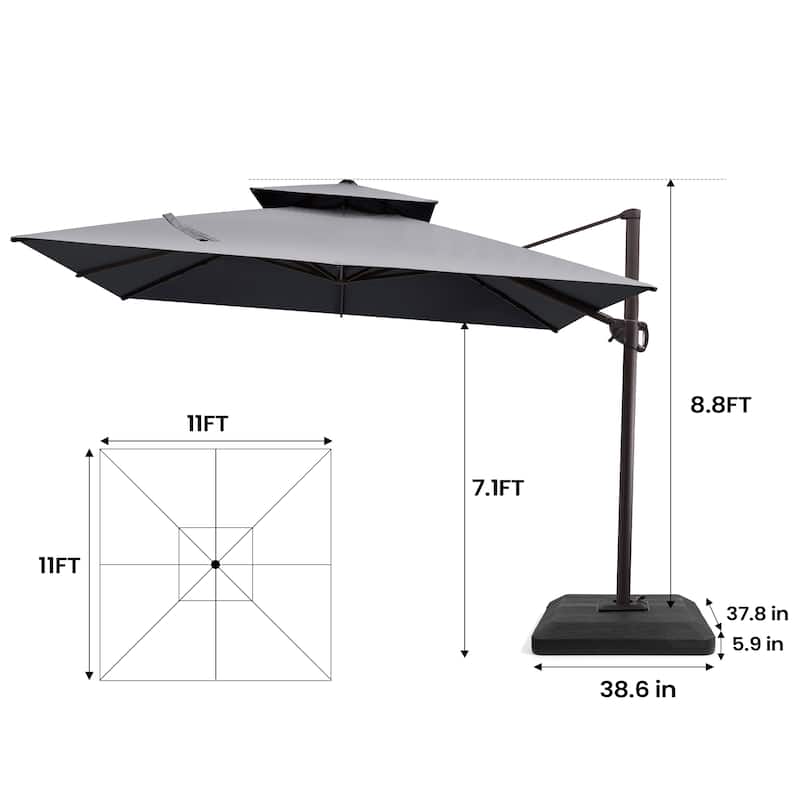 Pellebant 11 ft Patio Cantilever Offset Umbrella Double Top with Base