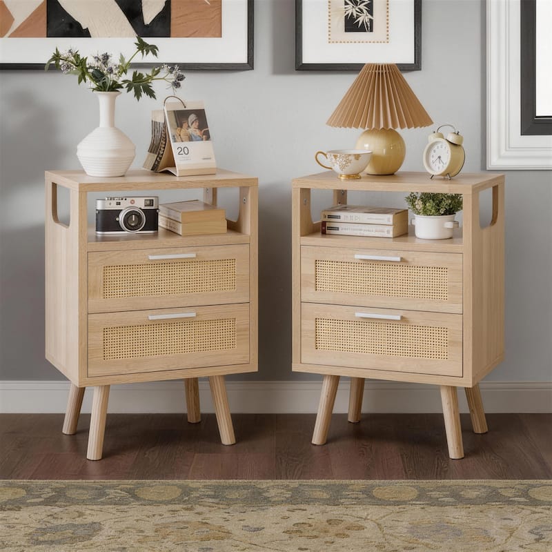 Set of 2 with 2 Drawers, 15.4" Modern Storage Bedside Table with Golden Metal Handles, Wooden End Table for Bedroom - Natural Wood