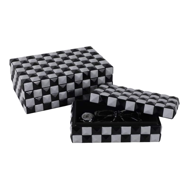 Resin Modern Storage Box Pyramid Checkerboard (Set of 2) - 4/5" Black - 11.75" x 7.75" x 4.5"