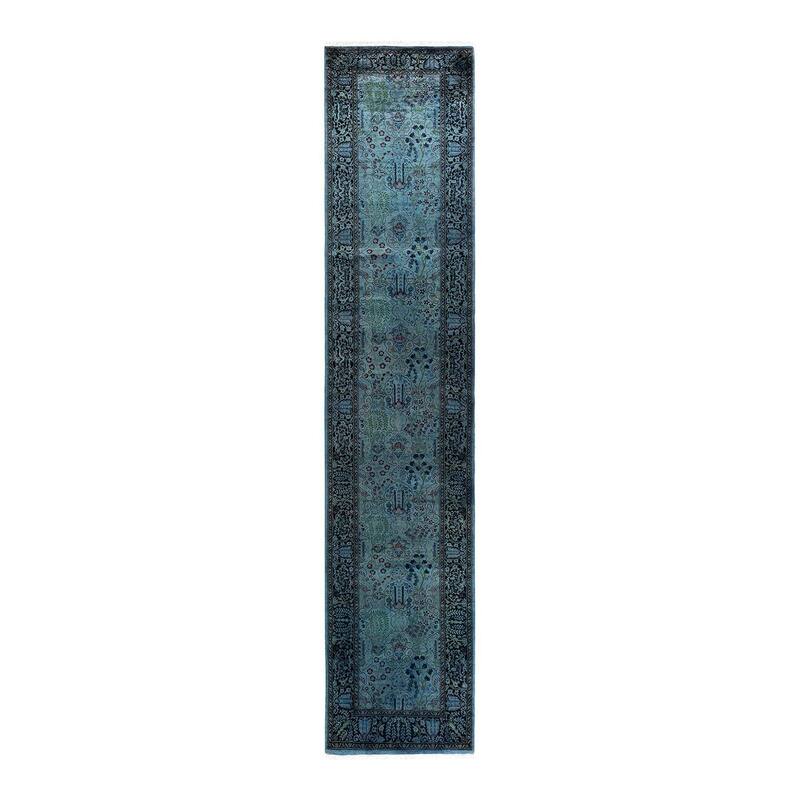 Overton Hand Knotted Wool Vintage Inspired Modern Contemporary Overdyed Blue Runner Rug - 2' 6" x 12' 5"