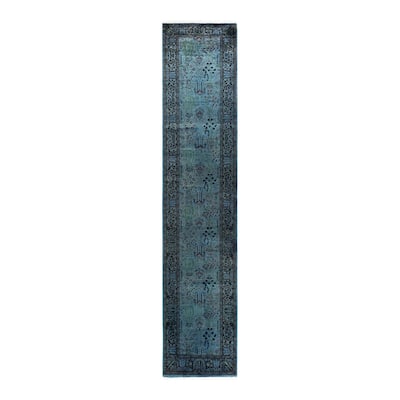Overton Hand Knotted Wool Vintage Inspired Modern Contemporary Overdyed Blue Runner Rug - 2' 6" x 12' 5"