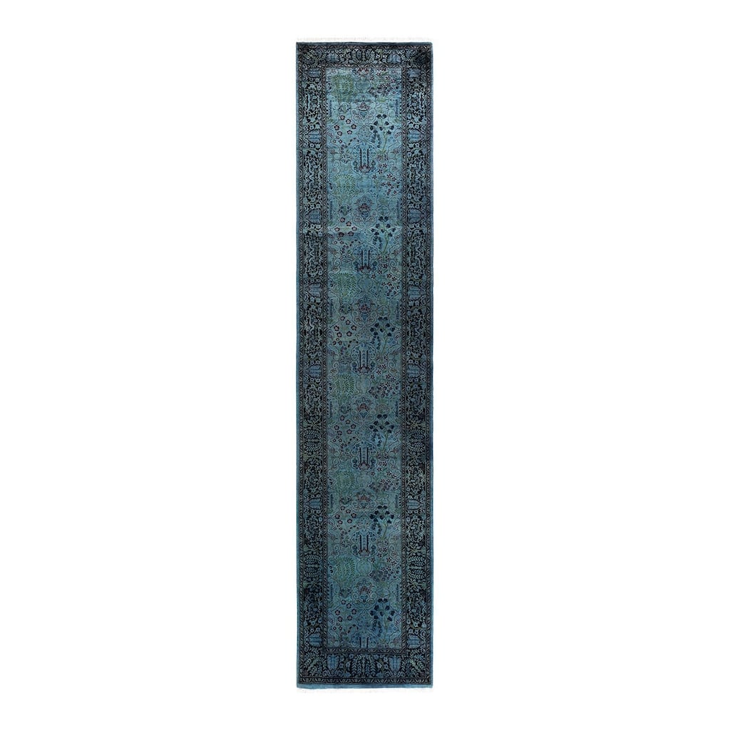 Overton Hand Knotted Wool Vintage Inspired Modern Contemporary Overdyed Blue Runner Rug - 2' 6" x 12' 5"