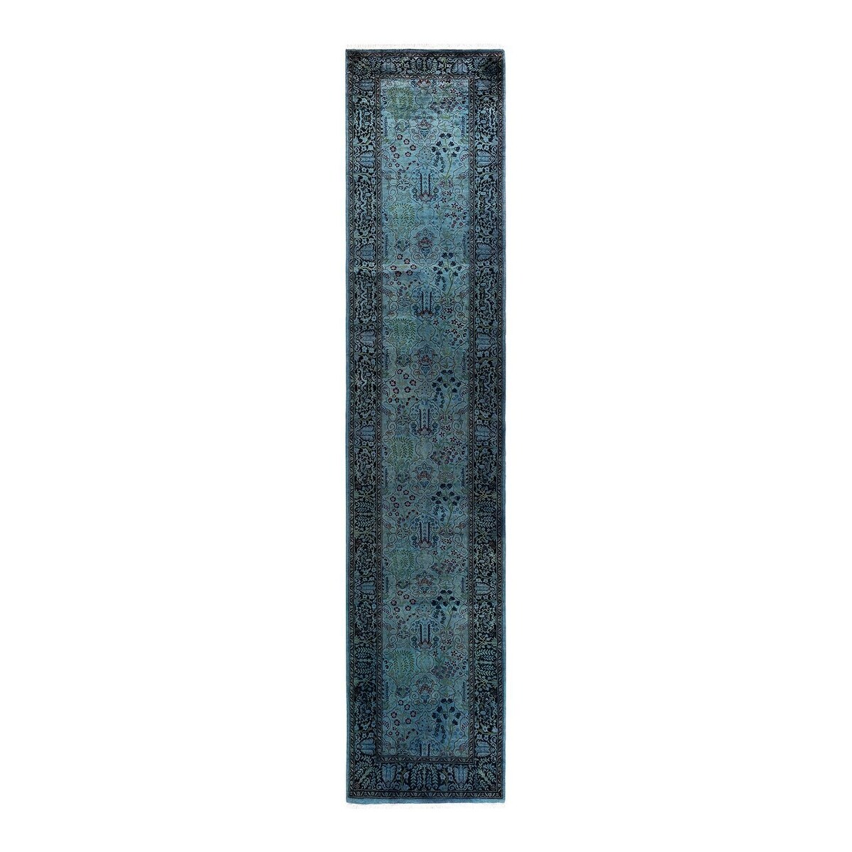 Overton Hand Knotted Wool Vintage Inspired Modern Contemporary Overdyed Blue Runner Rug - 2' 6" x 12' 5"