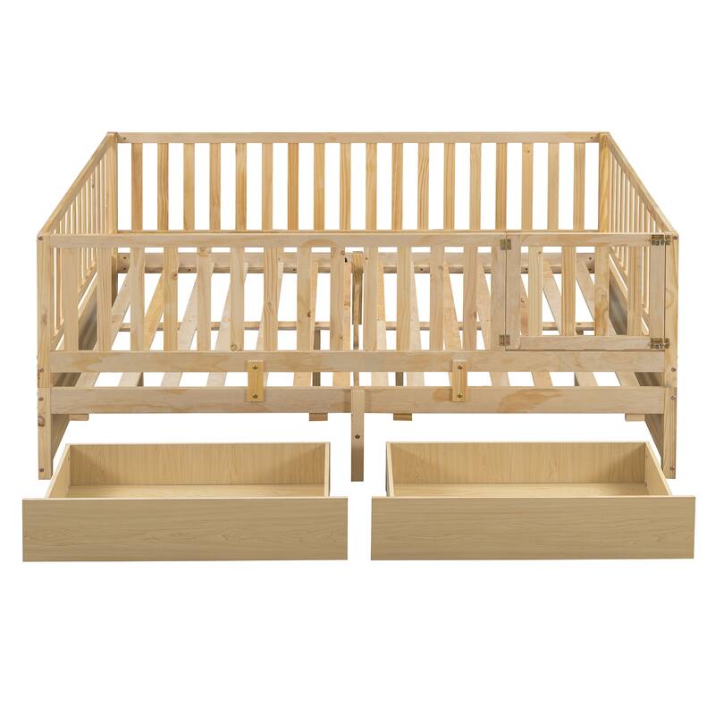 Full Size Wood Daybed with Fence Guardrails and 2 Drawers, Convertible to Floor Bed and Daybed, Natural Finish