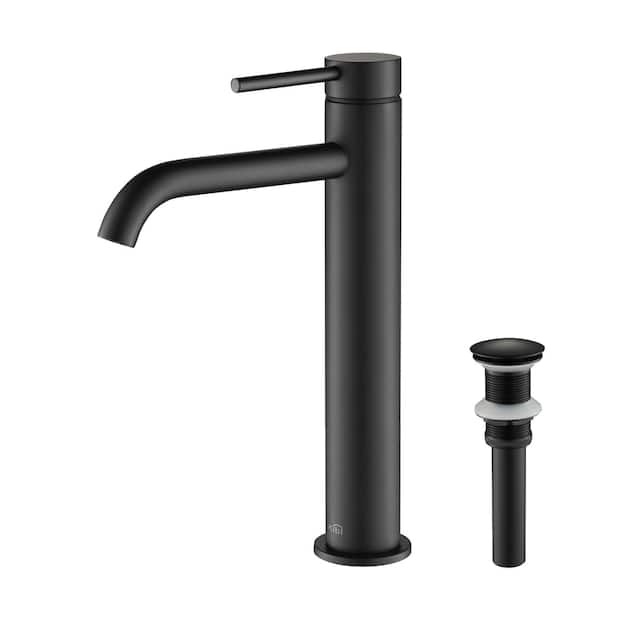 Luxury Solid Brass Single Hole Bathroom Vessel Sink Faucet - Matte Black W/ Pop Up Drain