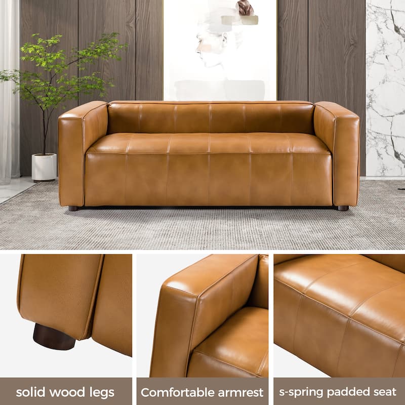 Donia Mid-Century Modern Leather 82" Curved Sofa with Wooden Legs by HULALA HOME