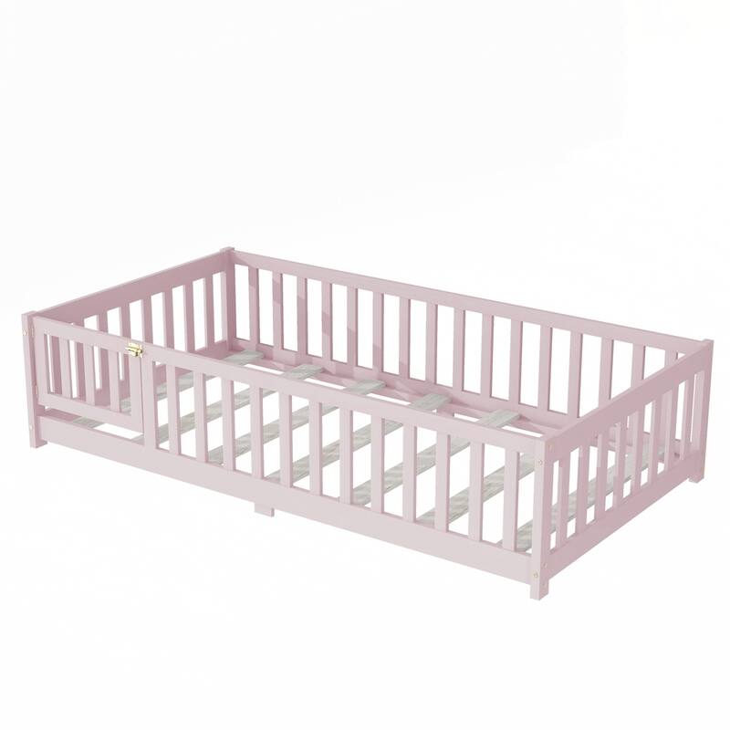 Rubber Wood Floor Bed with Safety Guardrails