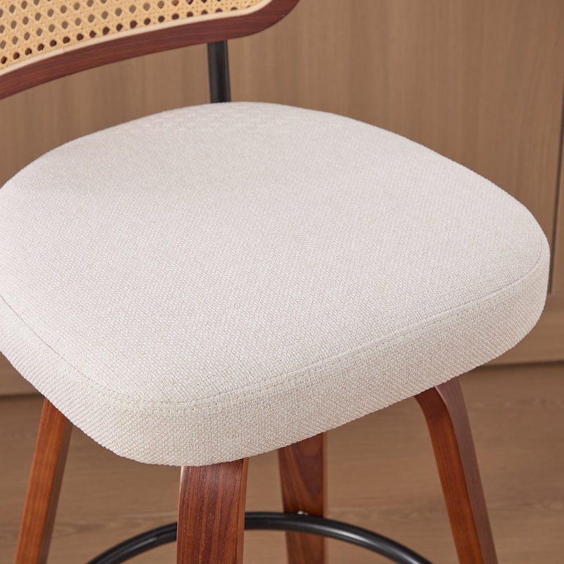 Linen Upholstered Swivel Bar Stools Set of 2, Counter Height Bar Stools with Rattan Back, Kitchen Island Chairs with Footrest