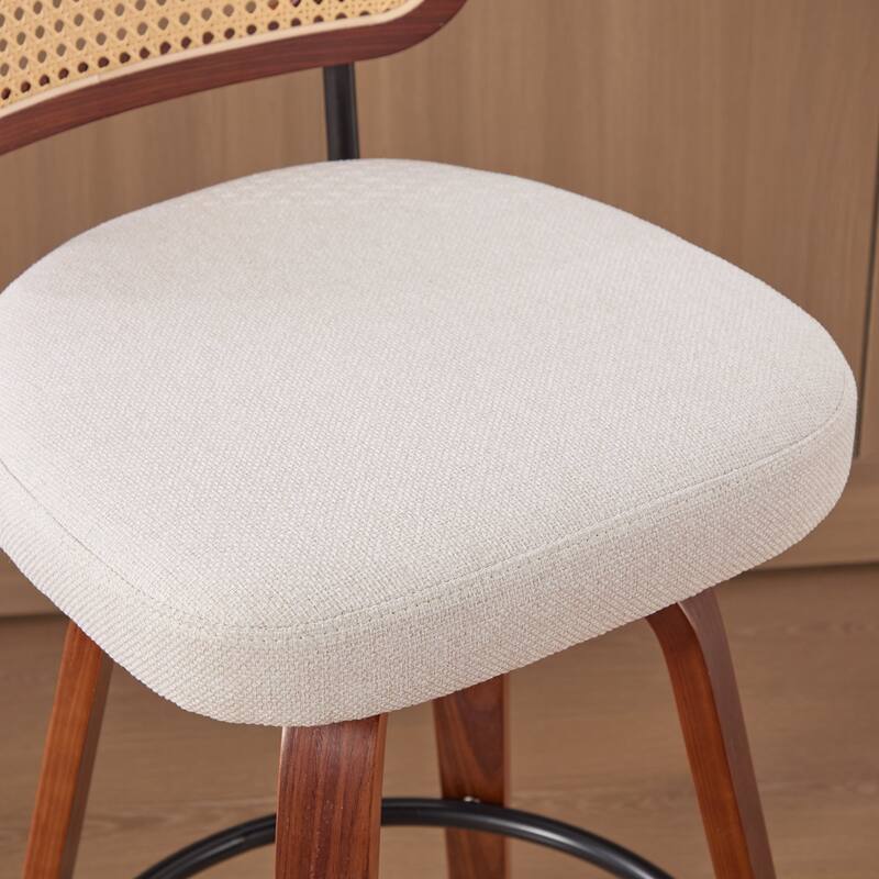 Set of 2, 26-Inch Counter Height Bar Stools - Cane Rattan Back, Linen Upholstered Seat, Swivel Design for Kitchen
