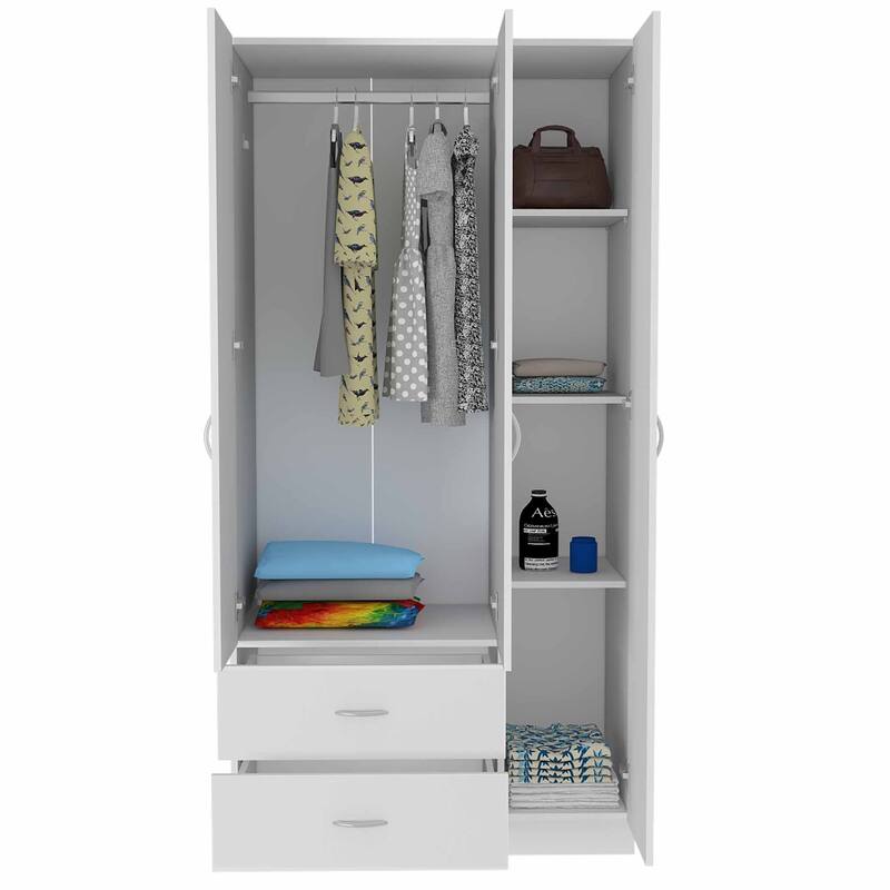 35.4" Modern Three-door Armoire with Drawers, Shelves and Hanging Rod for Bedroom