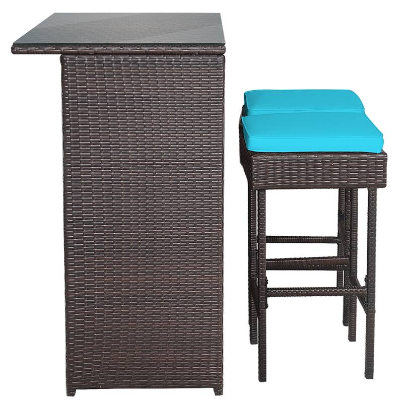 Gymax 3PCS Rattan Patio Bar Table & Stool Set Dining Set w/ Turquoise