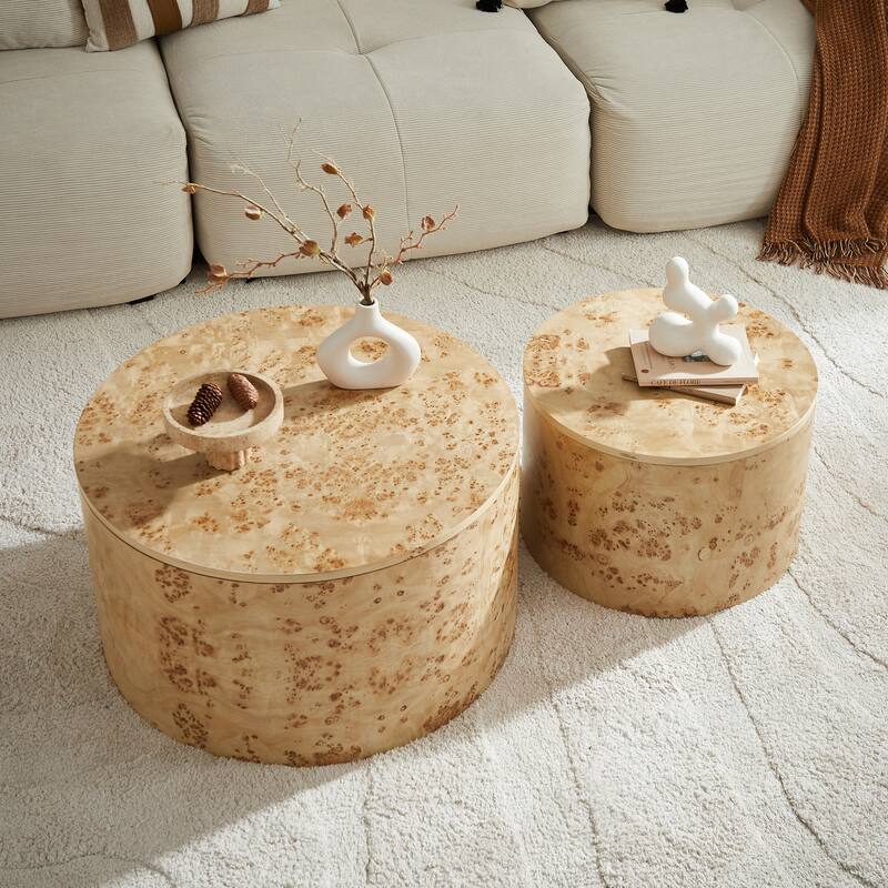 Nested Round Coffee Table Set with Burl Wood, 2-Piece Living Room Sofa Table Accent Table with Hidden Storage - Brown