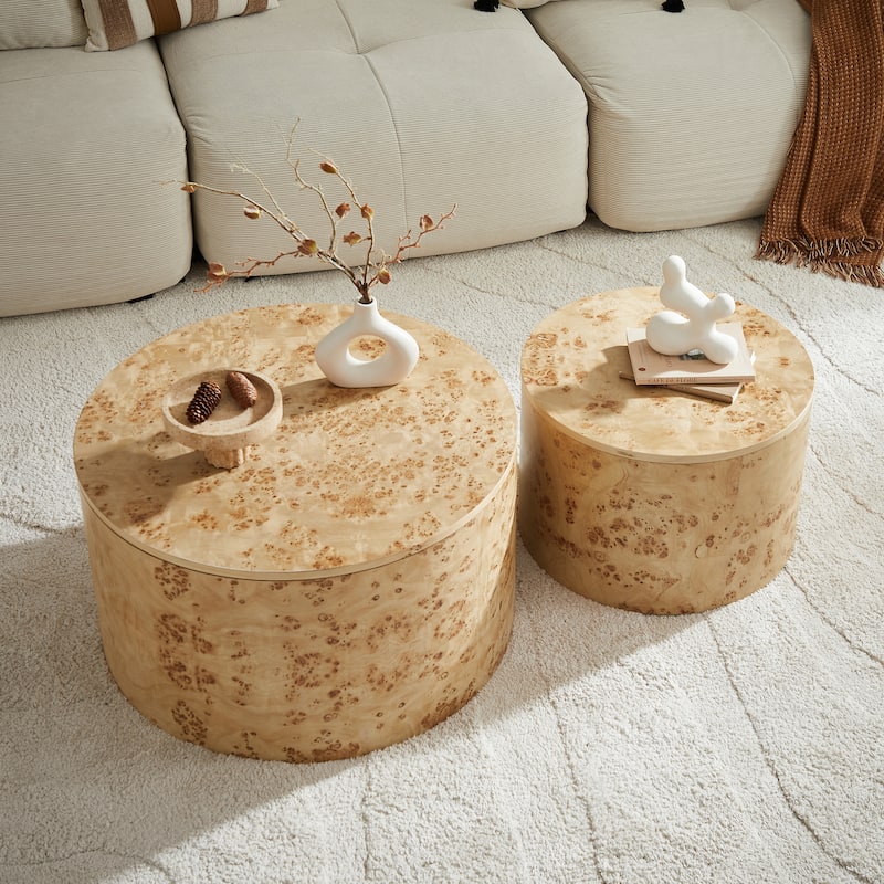 Nested Round Coffee Table Set with Burl Wood Veneer - 2-Piece MDF Storage Tables with Adjustable Feet