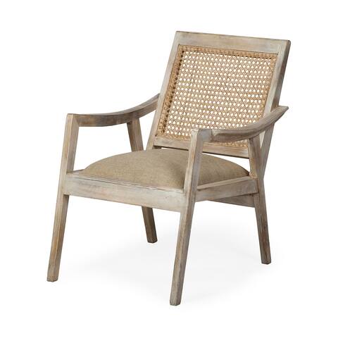 Teryn Cream Linen w/Light Brown Solid Wood Frame & Cane Mesh Back Accent Chair - 23.3L x 28.0W x 31.3H