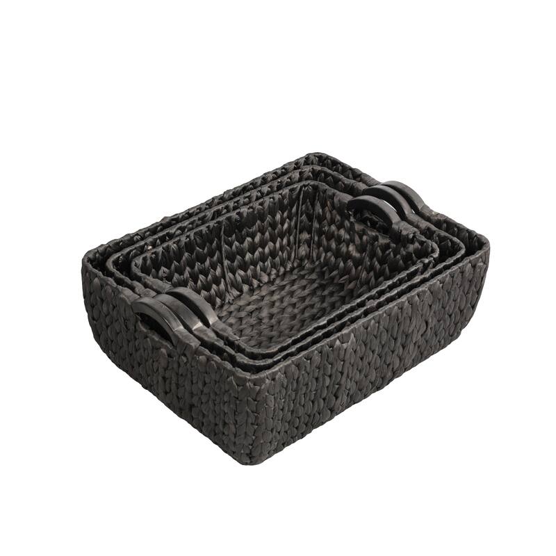 Astor Handwoven Water Hyacinth Nesting Storage Baskets, Wood Handles (Set of 3)