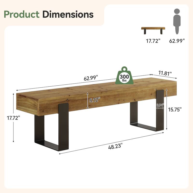 63" Solid Wood Entryway Bench with Metal Legs, Farmhouse