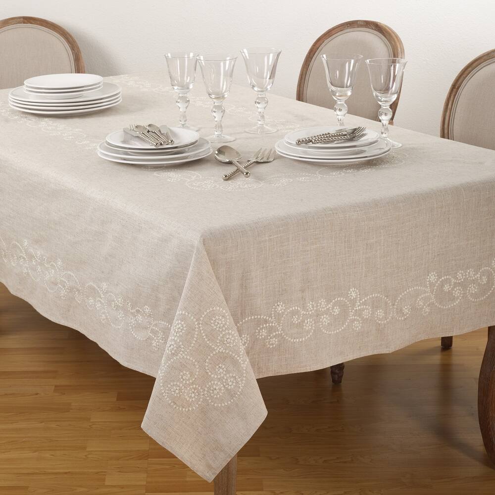 Embroidered Swirl Design Natural Linen Blend Tablecloth