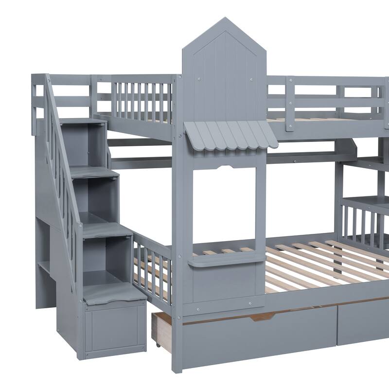 Bunk Bed Castle Playhouse Solid Wood Stairs Bed Frame with Storage Shelves & 2 Drawers, Children's Slide Bed with Guardrail