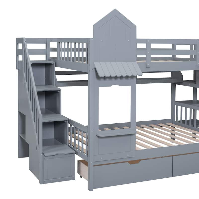 Merax Castle Style Bunk Bed with 2 Drawers 3 Shelves and Slide