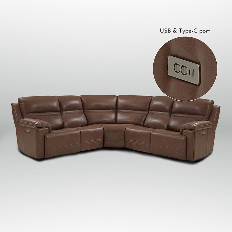 5PCS, 3 power Recliners, Dual-Power Genuine Leather Reclining Sectional with Adjustable Headrest