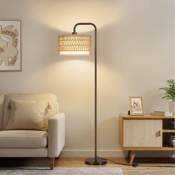Arched/Arc Rattan Floor Lamp with Bulb and Remote Control - N/A - Brown